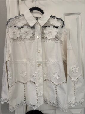 White Floral Lace Panel Button-Up Shacket